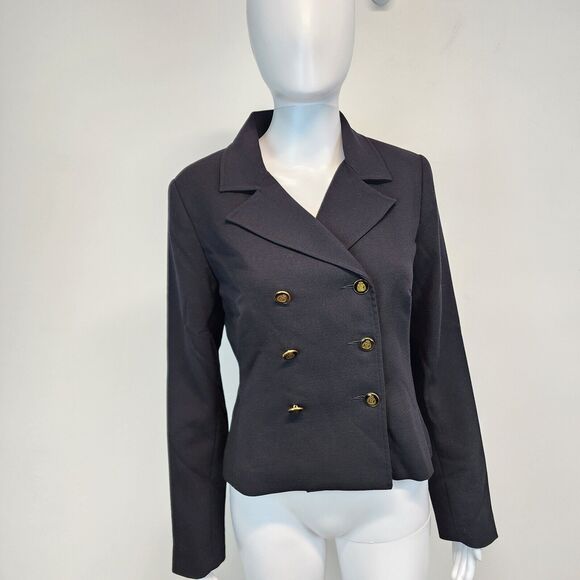 CAbi Black Stretch Knit Blazer Jacket Size 4 Double Breast Crest Academia Preppy - Picture 2 of 15